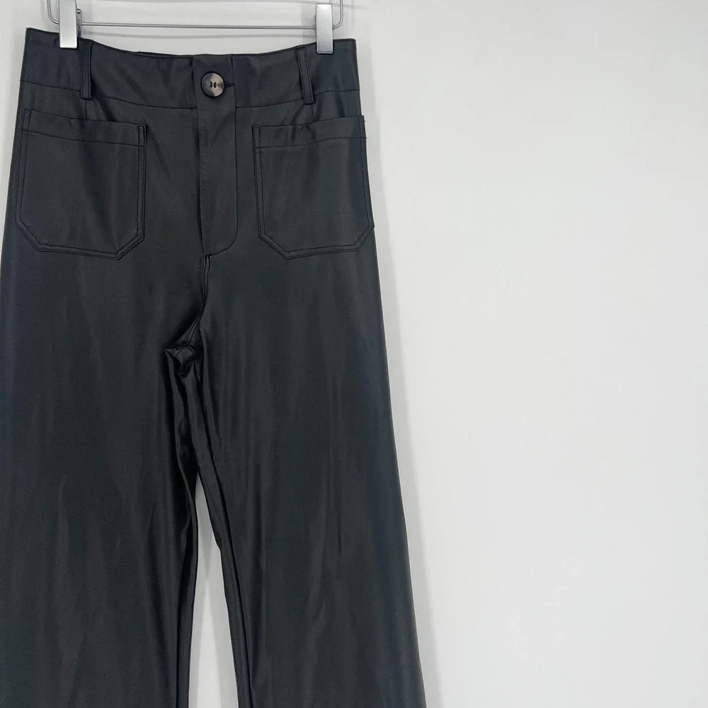 Maeve Colette Pants Women 26 Faux Leather Biker Wide Leg High Rise Anthropologie - Picture 5 of 12